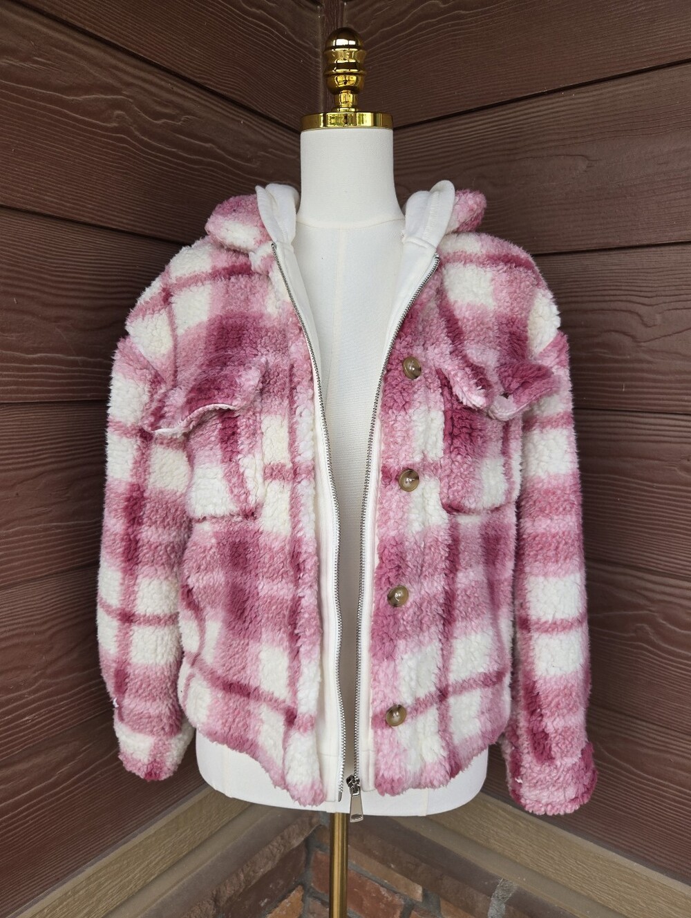 NOBO No Boundaries Pink & White Plaid Sherpa Hooded Jacket Size Small (4-6)